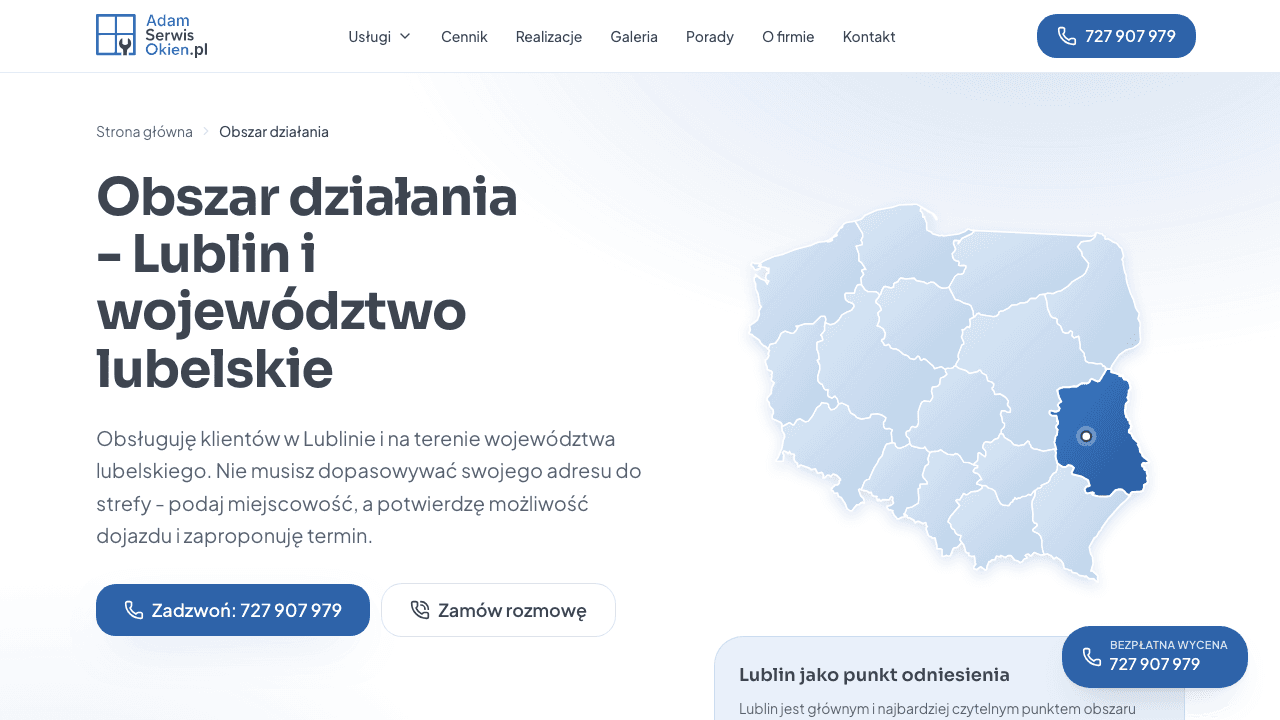 adamserwisokien.pl - strona obszaru działania z mapą województwa lubelskiego
