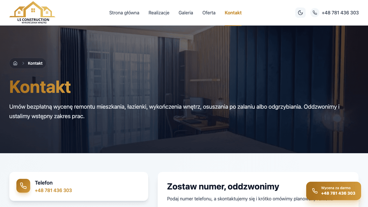 LS Construction - strona kontaktu z formularzem oddzwaniania