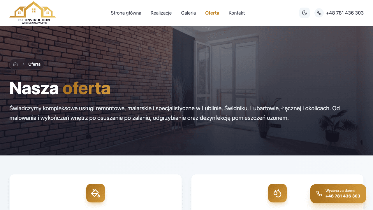 LS Construction - strona oferty z usługami remontowymi i specjalistycznymi